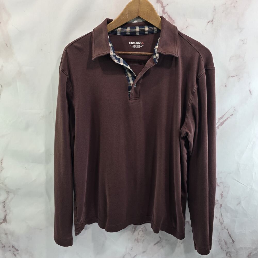 Untuckit Shirt Mens Medium Polo Brown Long Sleeve Damaschino Placket